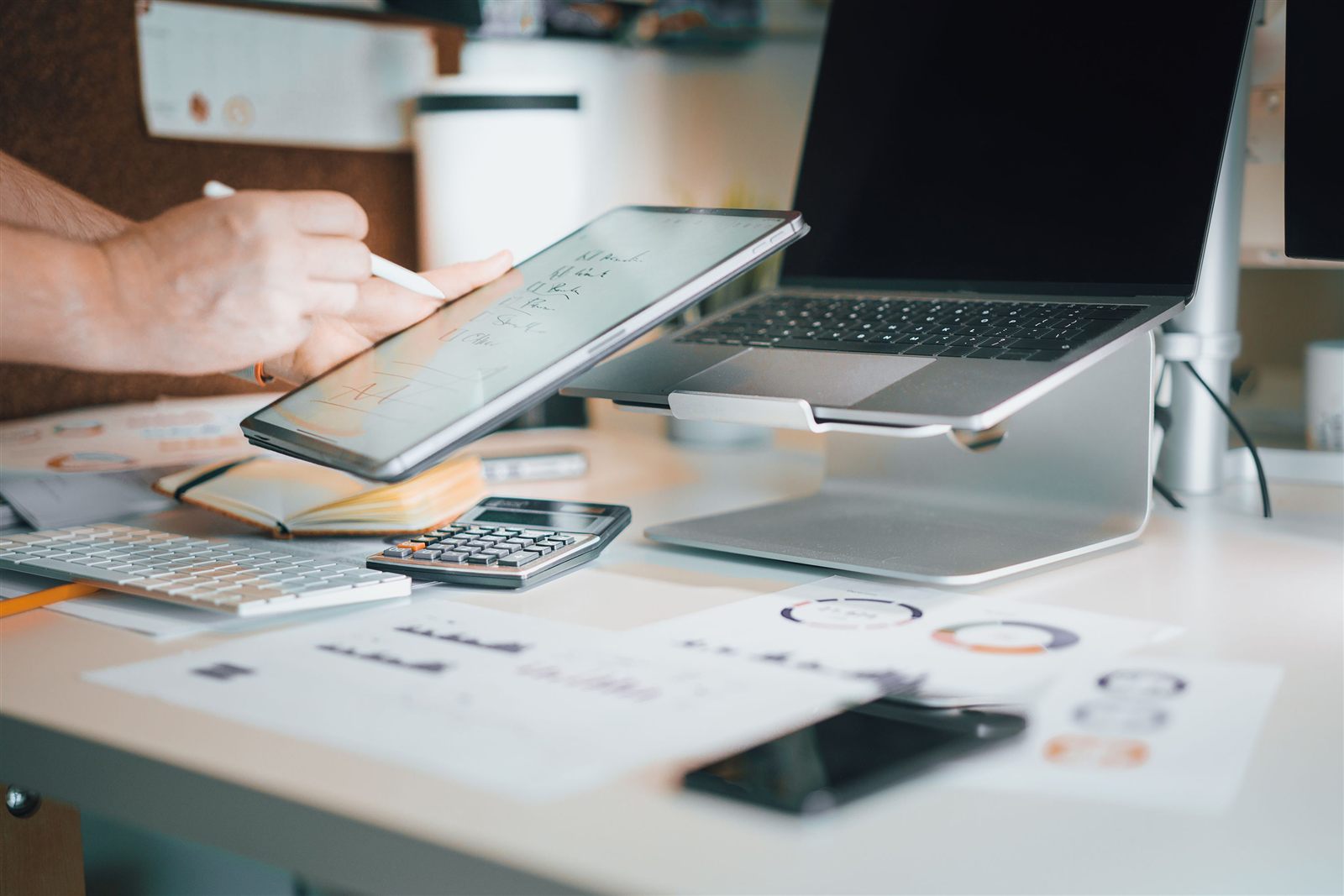 Laptop, tablet and mobile devices in a modern workspace
